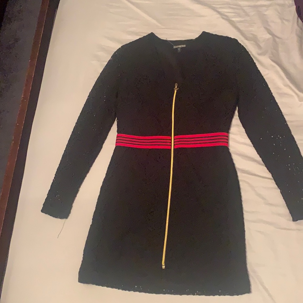 Black lace dress with red stripes and gold zipper